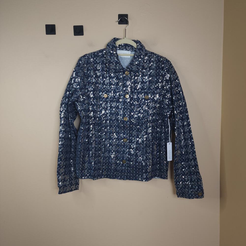 SIX/FIFTY Pixie Blue Denim Sequin Houndstooth Jacket with Raw Hem Size M